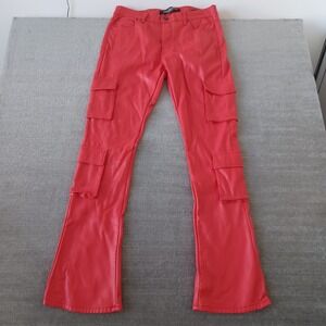 Valabasas Stacked Faux Leather Cargo Pants Mens 36x36 Matte Red Banjo Flared Leg